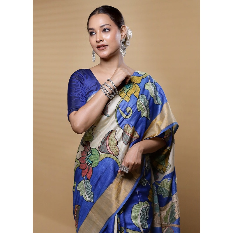 Blue Handloom Tussar Pure Silk Saree With Blouse Piece - JD986612611