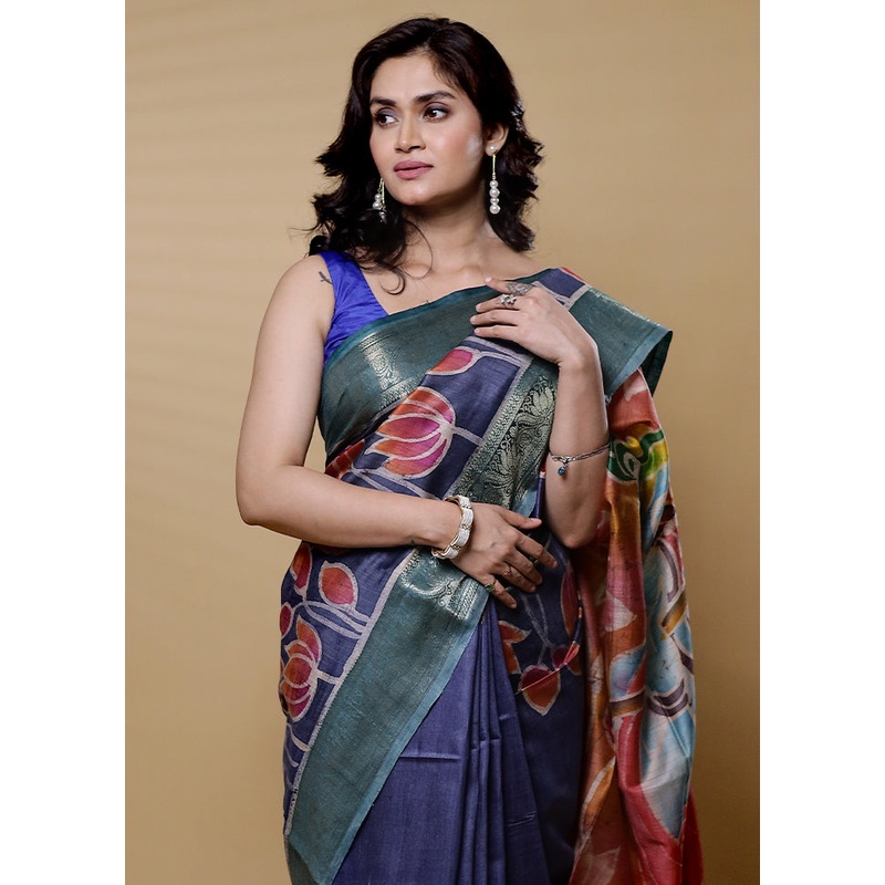 Blue Handloom Tussar Pure Silk Saree With Blouse Piece - JD986612679