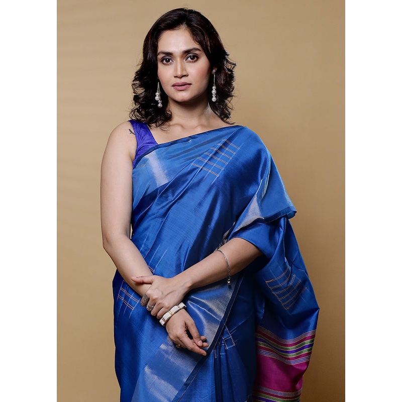 Blue Kalakshetra Kanjivaram Silk Saree With Blouse Piece - JD986612677