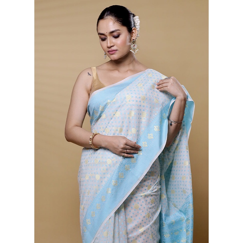 Blue Kora Silk Saree With Blouse Piece - JD986612670