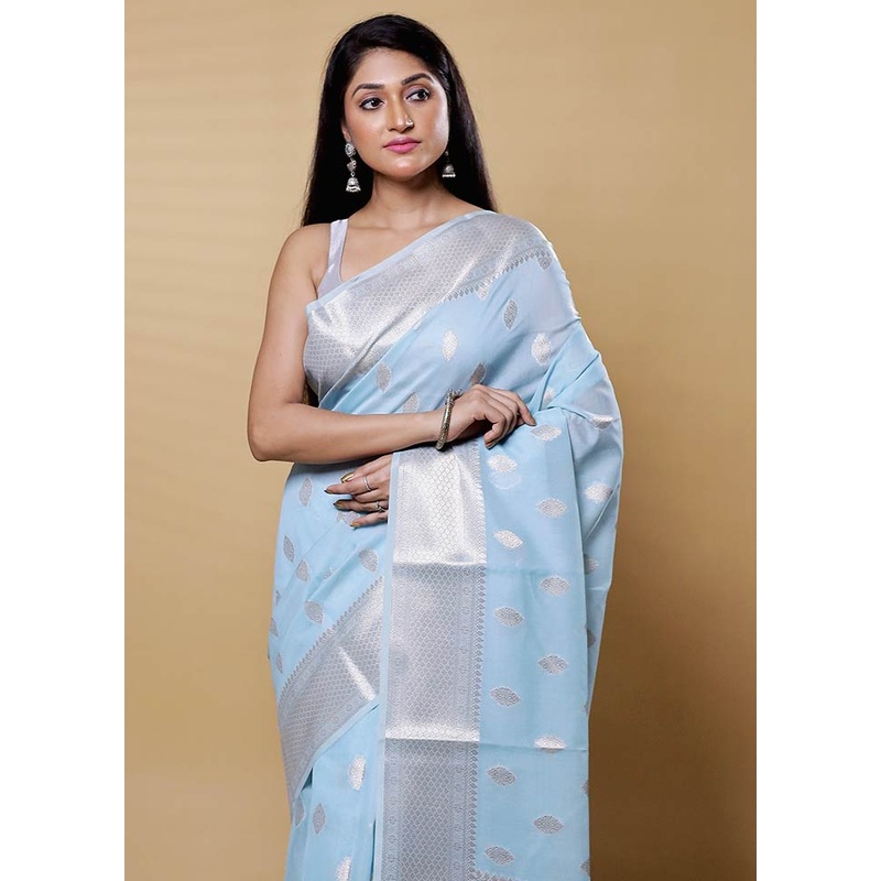Blue Kora Silk Saree With Blouse Piece - JD986612676