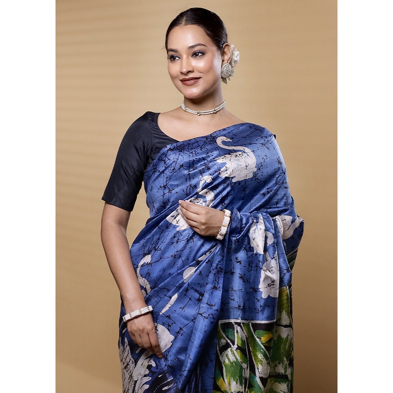 Blue Printed Pure Silk Saree With Blouse Piece - JD986612609