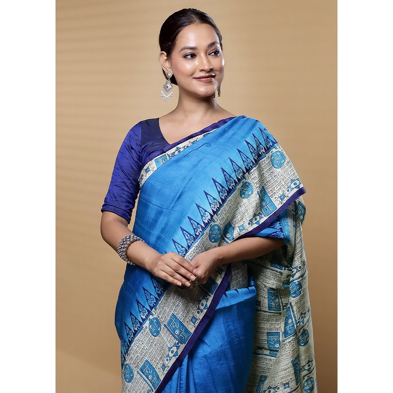 Blue Printed Pure Silk Saree Without Blouse Piece - JD986612607
