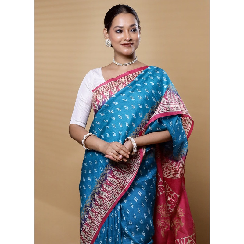 Blue Printed Pure Silk Saree Without Blouse Piece - JD986612608