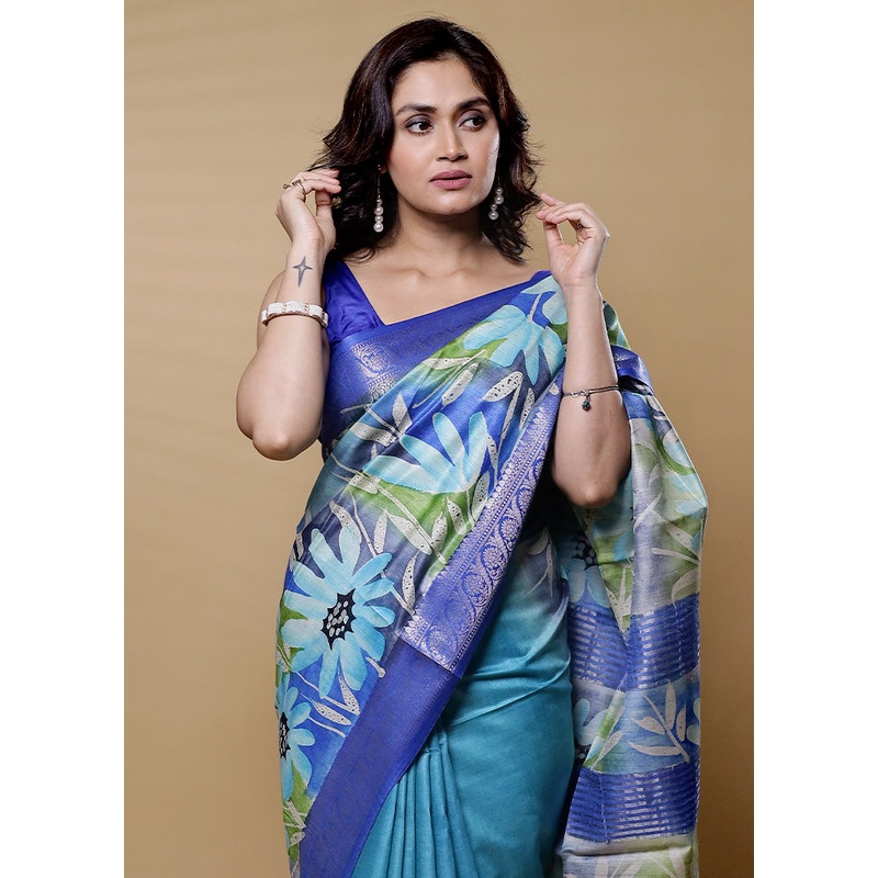 Blue Tussar Silk Saree With Blouse Piece - JD986612675