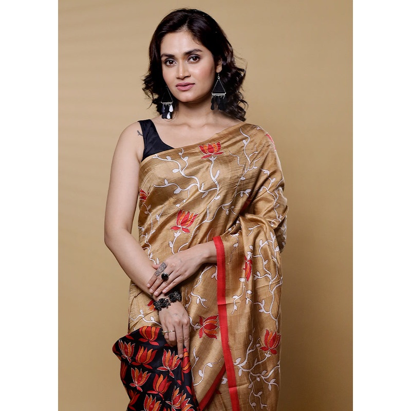 Brown Handloom Tussar Pure Silk Saree With Blouse Piece - JD986612674
