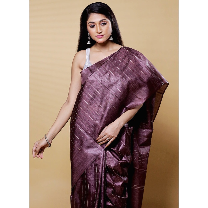 Brown Tussar Silk Saree With Blouse Piece - JD986612673