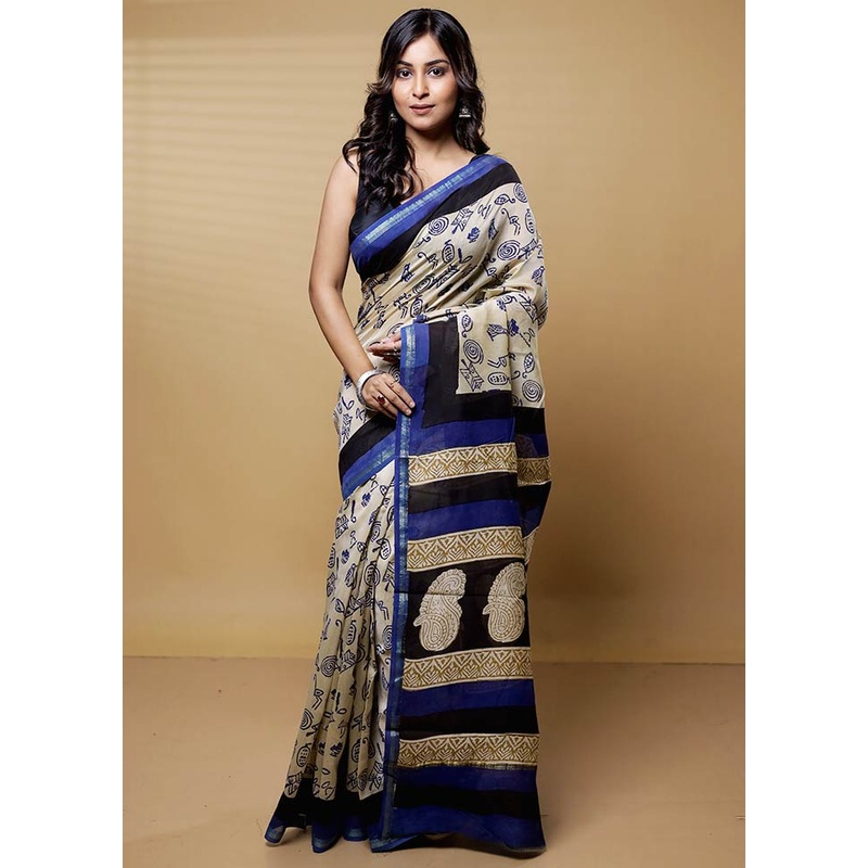 Cream Chanderi Cotton Saree With Blouse Piece - JD986612672