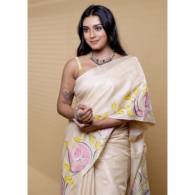 Cream Handloom Tussar Pure Silk Saree With Blouse Piece - JD986612498