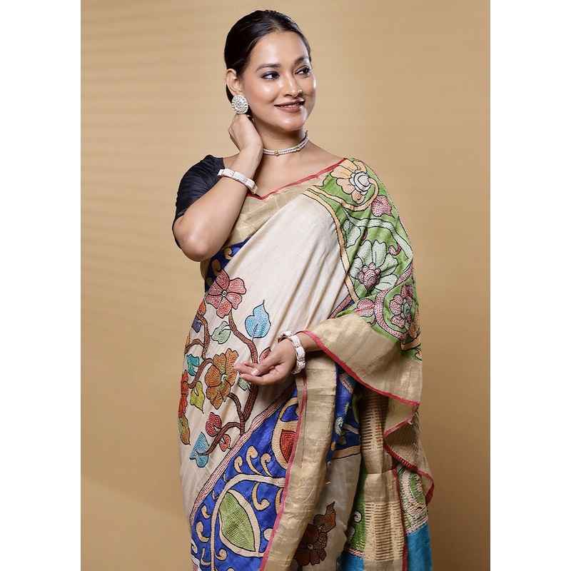 Cream Handloom Tussar Pure Silk Saree With Blouse Piece - JD986612604