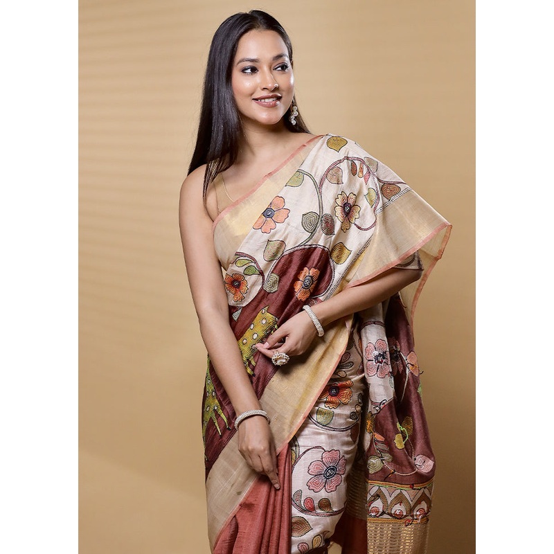 Cream Handloom Tussar Pure Silk Saree With Blouse Piece - JD986612605