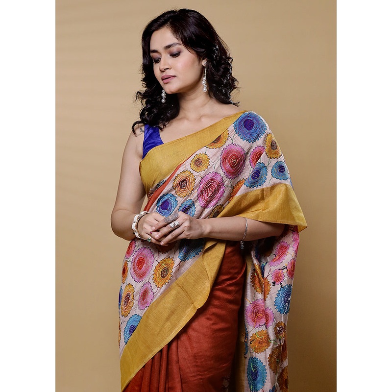 Cream Handloom Tussar Pure Silk Saree With Blouse Piece - JD986612671