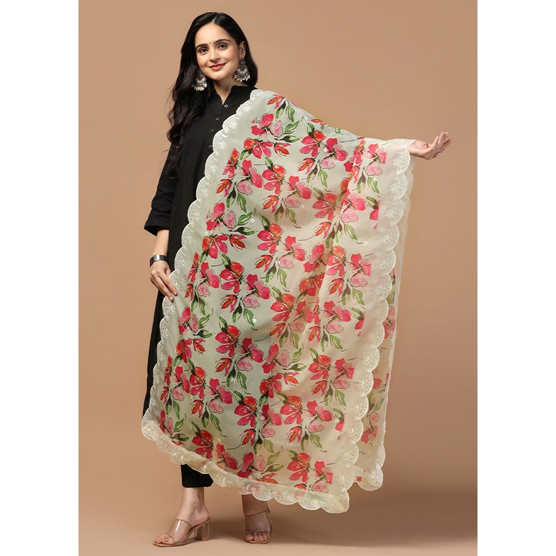 Cream Organza Embroidered Work Dupatta - JD986612512
