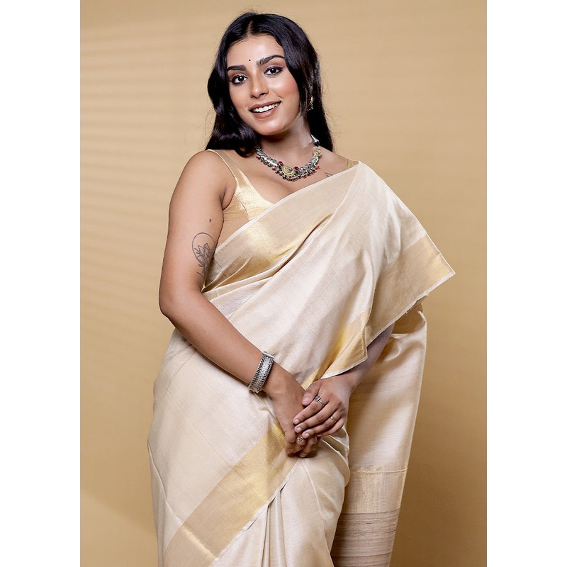 Cream Tussar Silk Saree With Blouse Piece - JD986612497