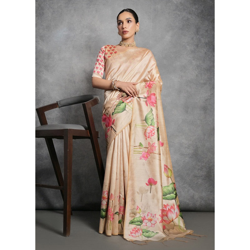 Cream Tussar Silk Saree With Blouse Piece - JD986612687