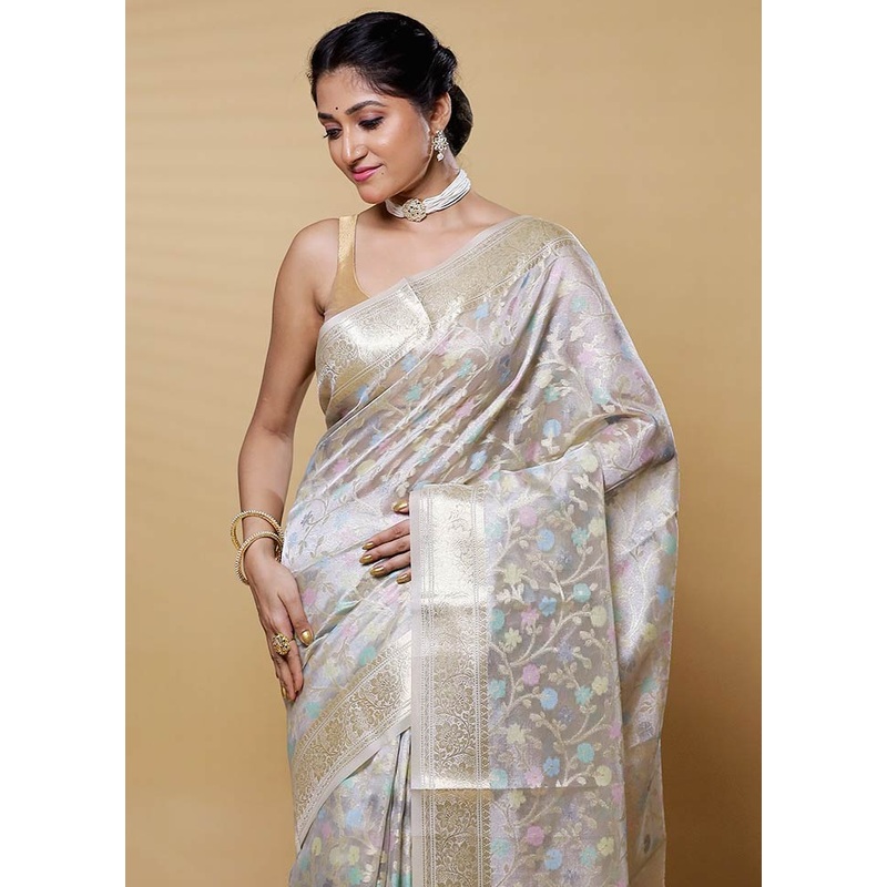 Gold Tissue Silk Saree With Blouse Piece - JD986612665