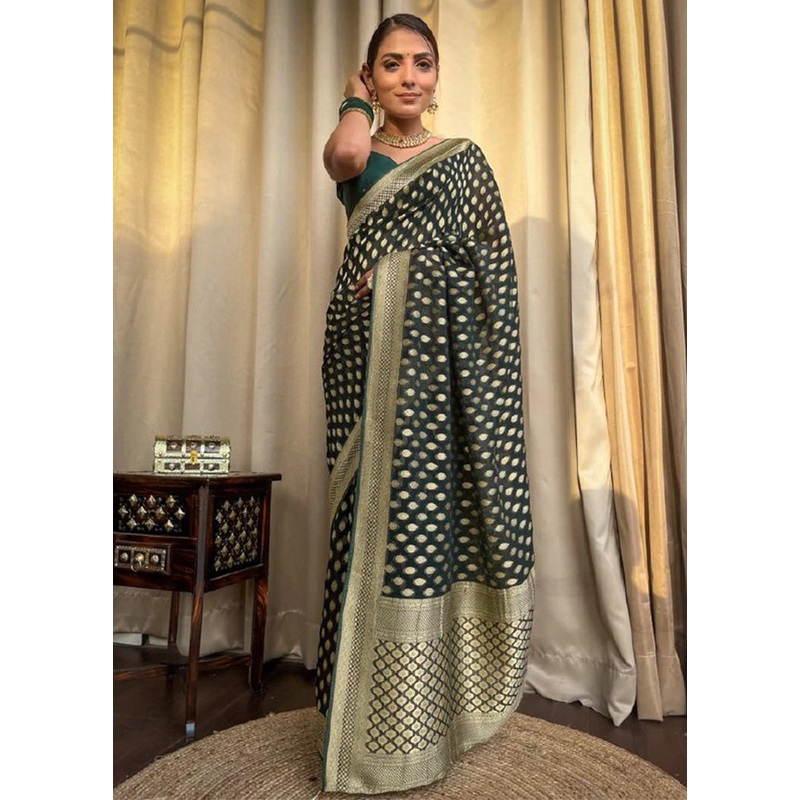 Green Banarasi Silk Saree With Blouse Piece - JD986612579