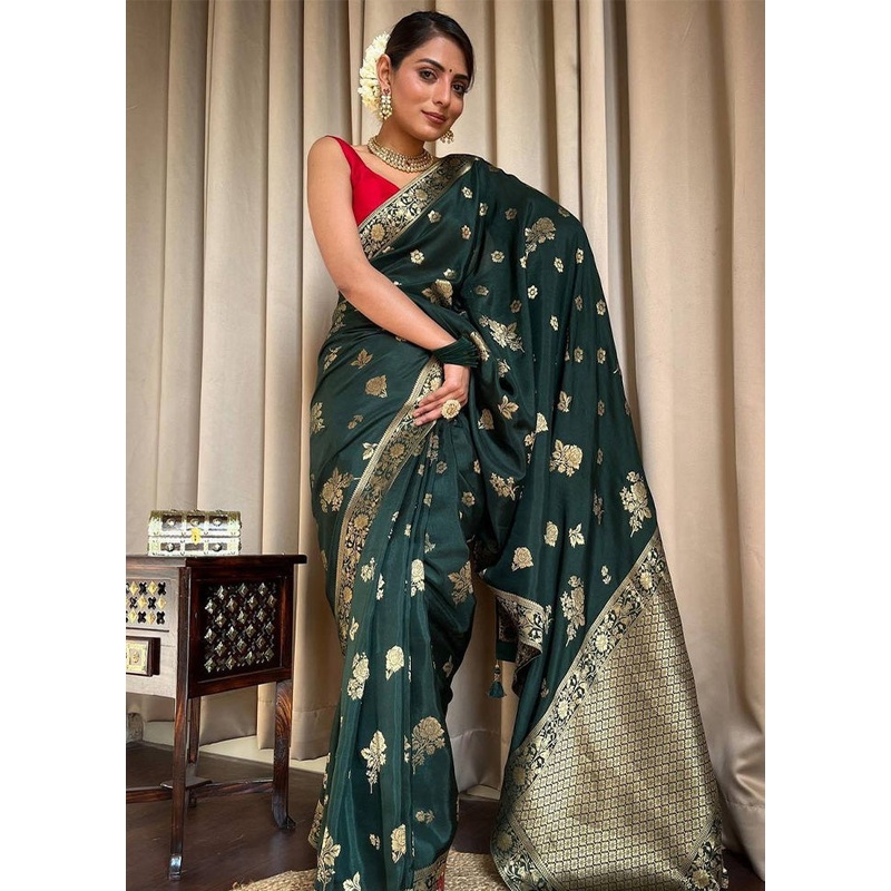 Green Banarasi Silk Saree With Blouse Piece - JD986612580