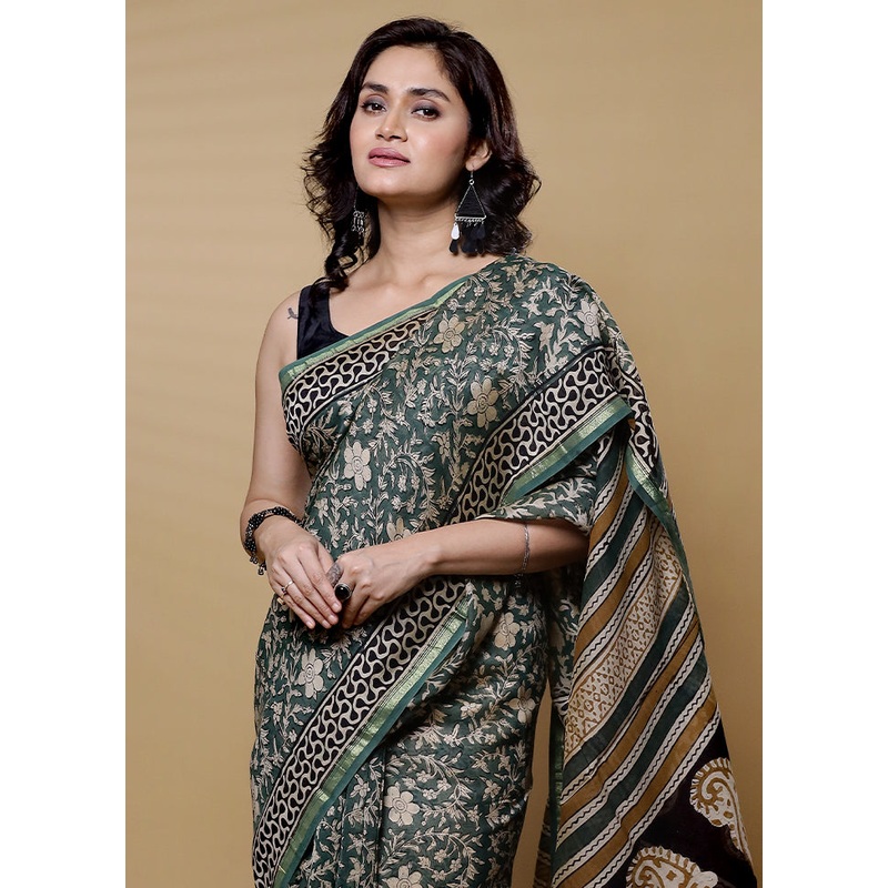 Green Chanderi Cotton Saree With Blouse Piece - JD986612664