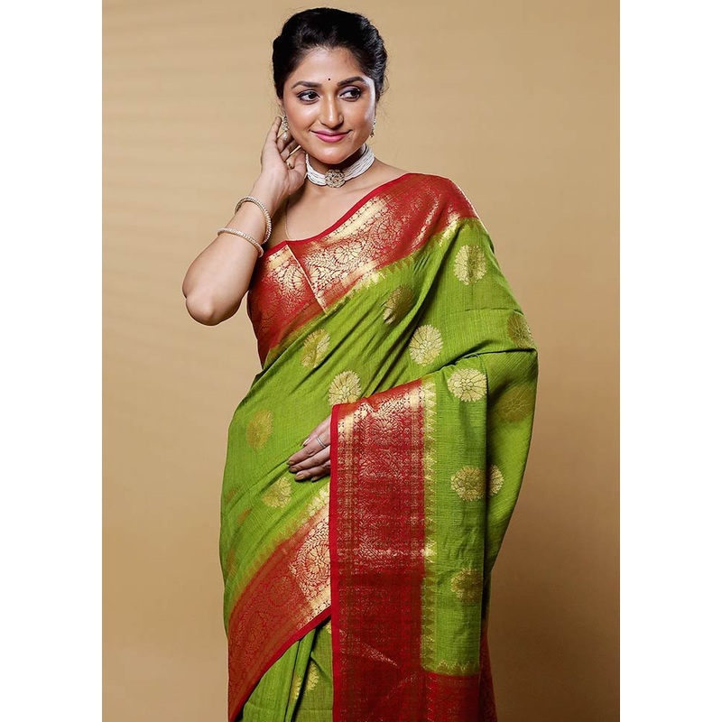 Green Dupion Silk Saree With Blouse Piece - JD986612663