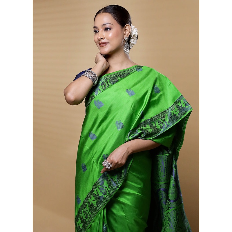Green Handloom Baluchari Pure Silk Saree With Blouse Piece - JD986612601