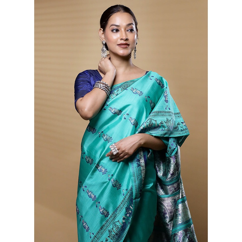 Green Handloom Baluchari Pure Silk Saree With Blouse Piece - JD986612602