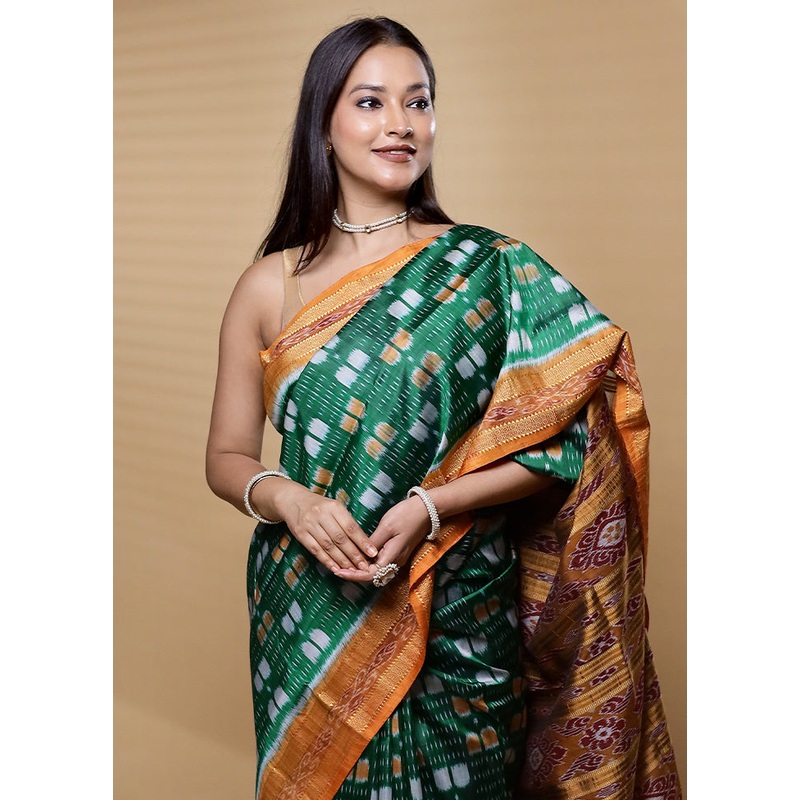 Green Handloom Patola Pure Silk Saree With Blouse Piece - JD986612600
