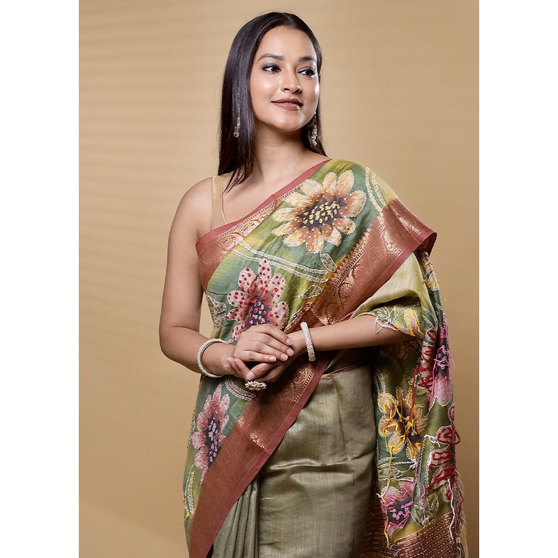 Green Handloom Tussar Pure Silk Saree With Blouse Piece - JD986612599
