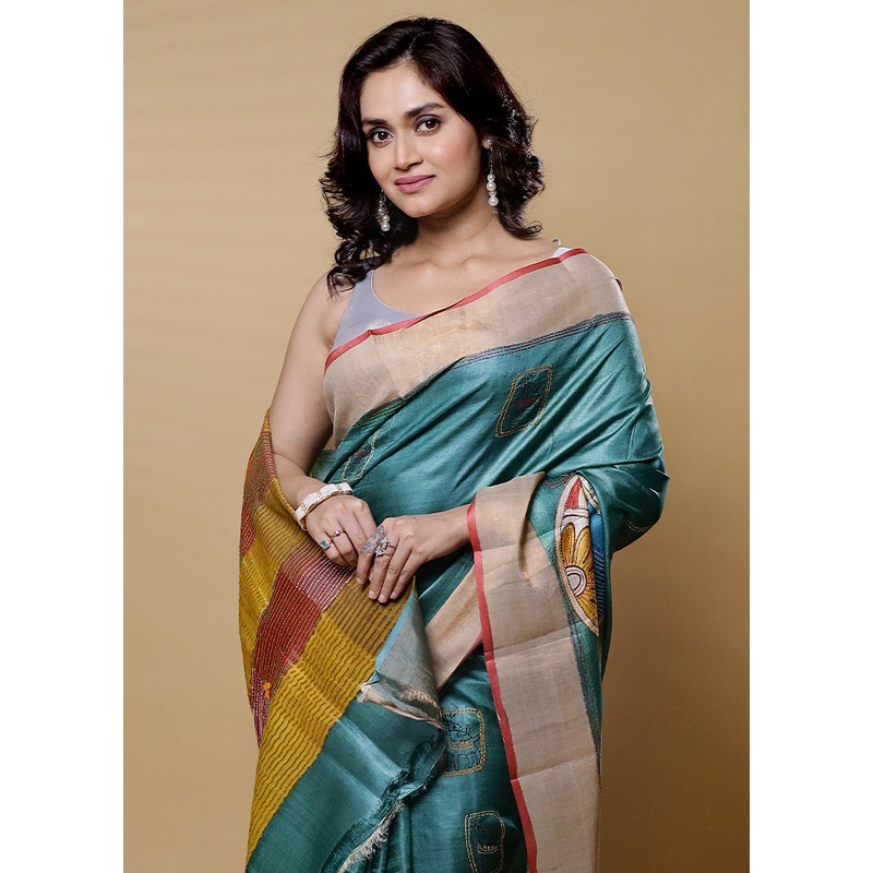 Green Handloom Tussar Pure Silk Saree With Blouse Piece - JD986612659