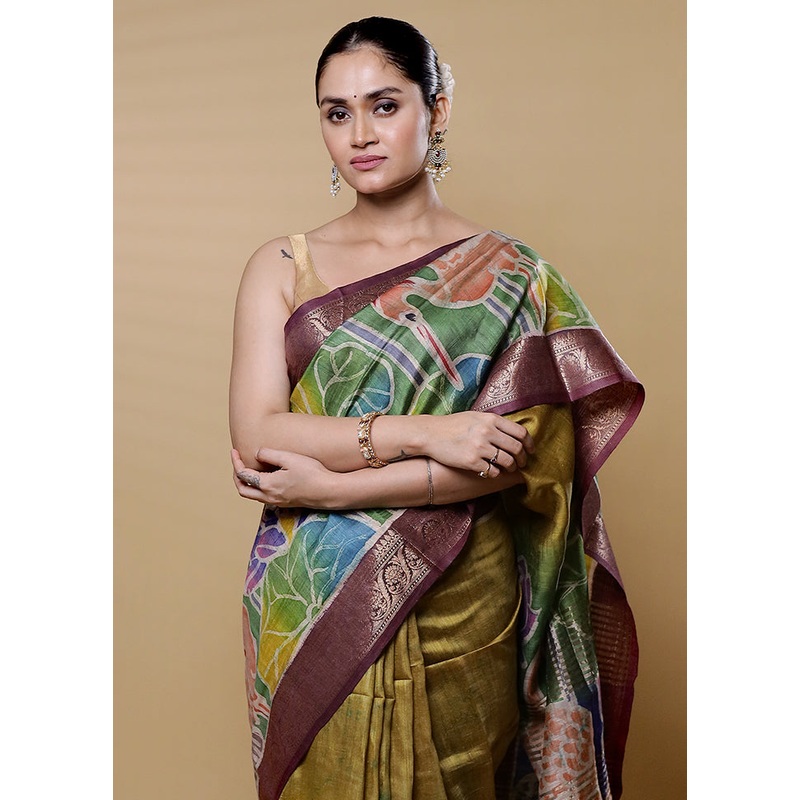 Green Handloom Tussar Pure Silk Saree With Blouse Piece - JD986612660