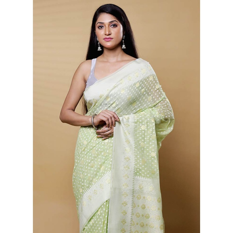 Green Kora Silk Saree With Blouse Piece - JD986612656