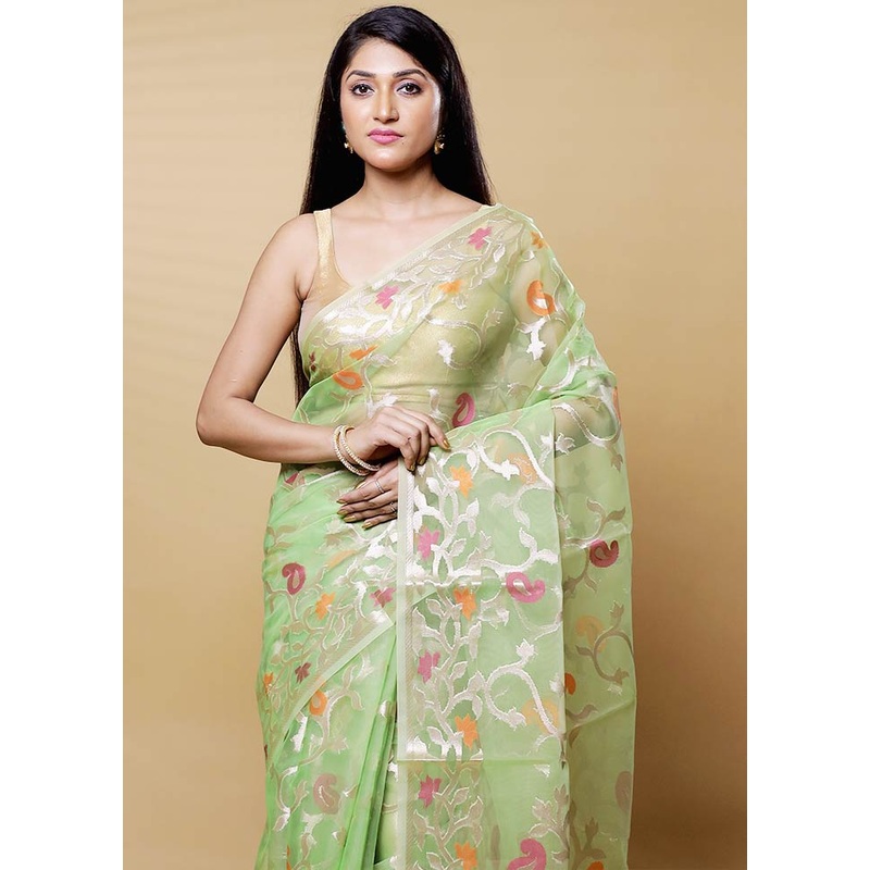 Green Organza Saree With Blouse Piece - JD986612654