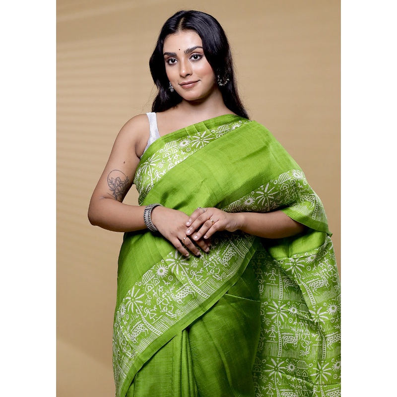 Green Printed Pure Silk Saree Without Blouse Piece - JD986612496