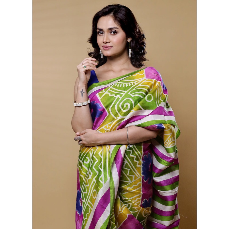 Green Printed Pure Silk Saree Without Blouse Piece - JD986612653