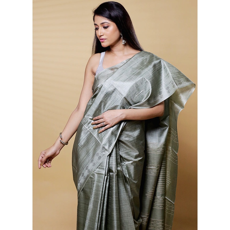 Green Tussar Silk Saree With Blouse Piece - JD986612647