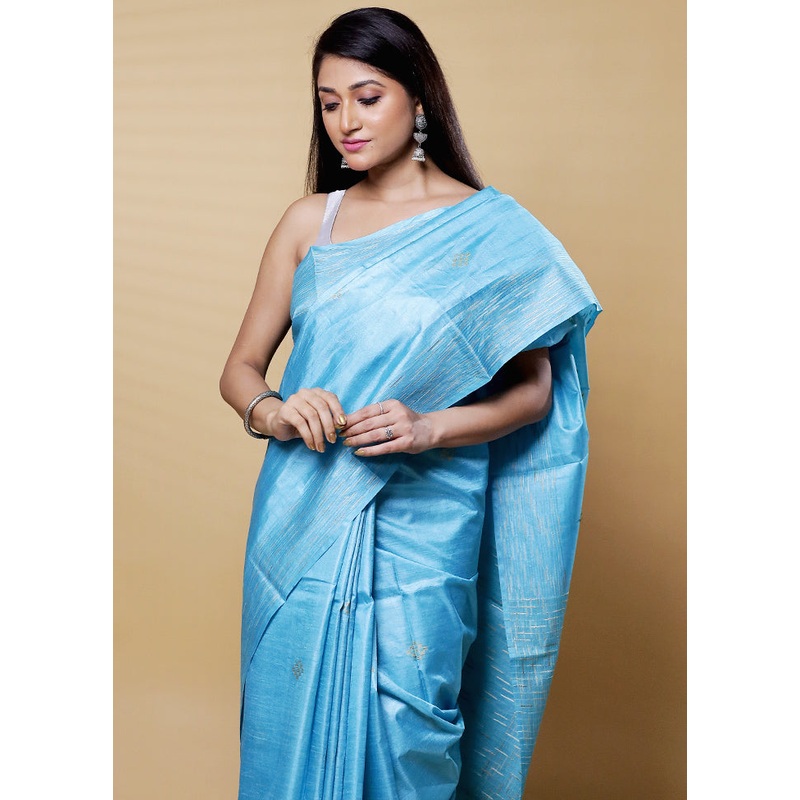Green Tussar Silk Saree With Blouse Piece - JD986612648