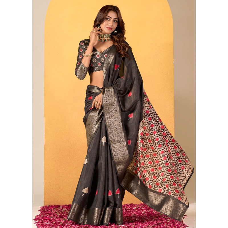 Grey Dupion Silk Saree With Blouse Piece - JD986612514