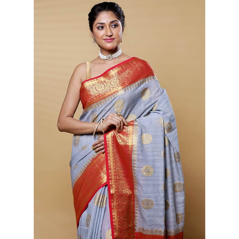 Grey Dupion Silk Saree With Blouse Piece - JD986612646