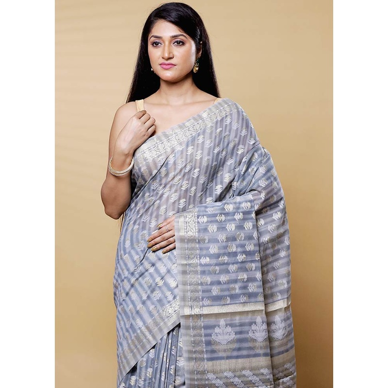 Grey Kora Silk Saree With Blouse Piece - JD986612644
