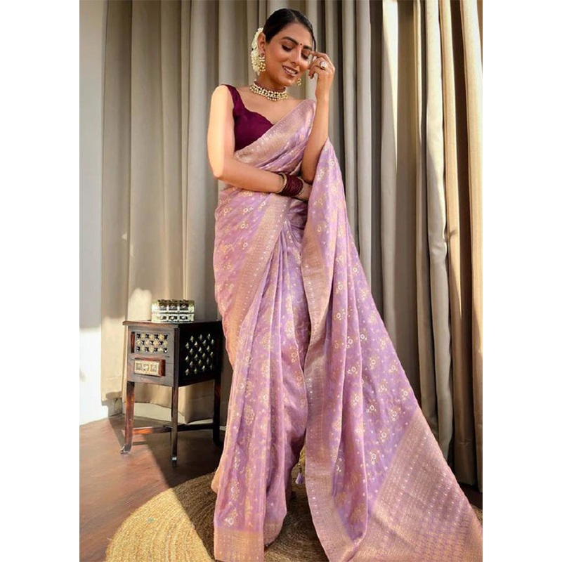 Lavender Banarasi Silk Saree With Blouse Piece - JD986612577