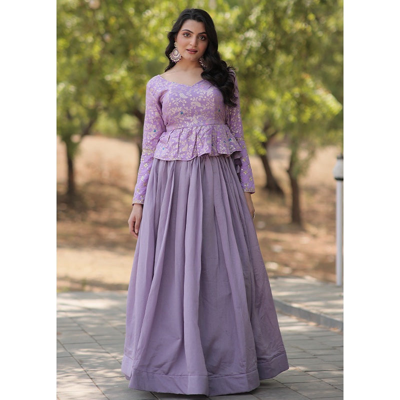 Lavender Silk Semi Stitched Lehenga Set - JD986612506