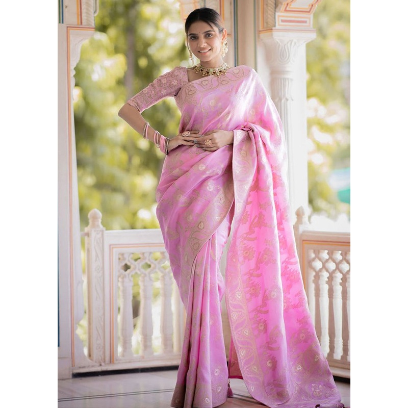 Light Pink Banarasi Silk Saree With Blouse Piece - JD986612574