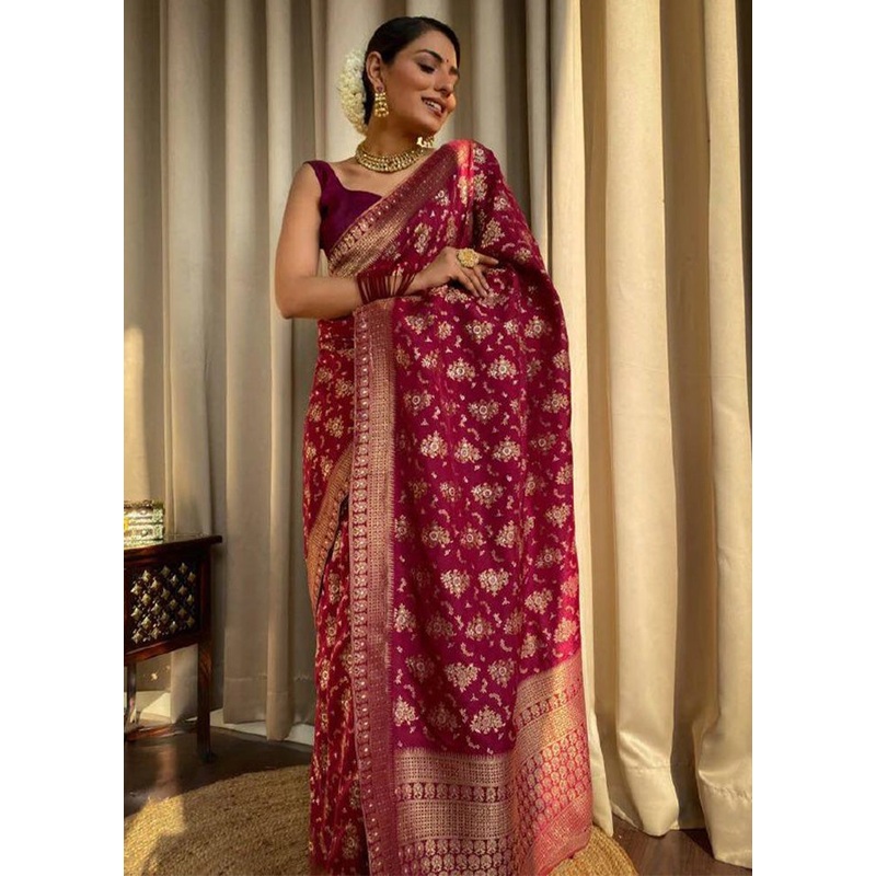 Maroon Banarasi Silk Saree With Blouse Piece - JD986612573