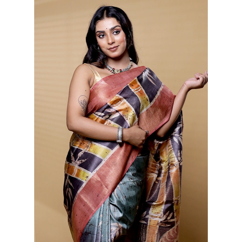 Multicolor Handloom Tussar Pure Silk Saree With Blouse Piece - JD986612491