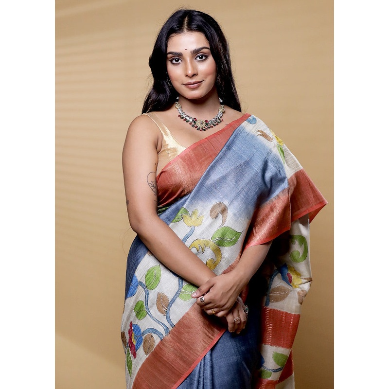 Multicolor Handloom Tussar Pure Silk Saree With Blouse Piece - JD986612492