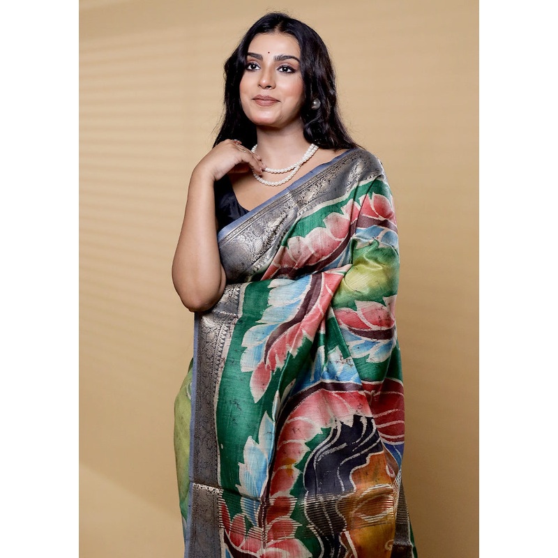 Multicolor Handloom Tussar Pure Silk Saree With Blouse Piece - JD986612493
