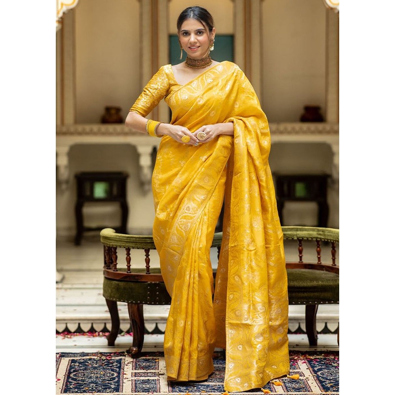 Mustard Banarasi Silk Saree With Blouse Piece - JD986612572