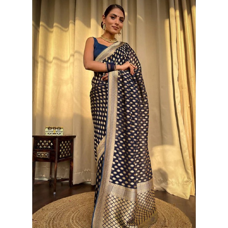 Navy Blue Banarasi Silk Saree With Blouse Piece - JD986612570