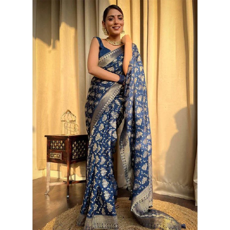 Navy Blue Banarasi Silk Saree With Blouse Piece - JD986612571