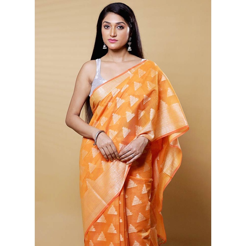 Orange Kora Silk Saree With Blouse Piece - JD986612642
